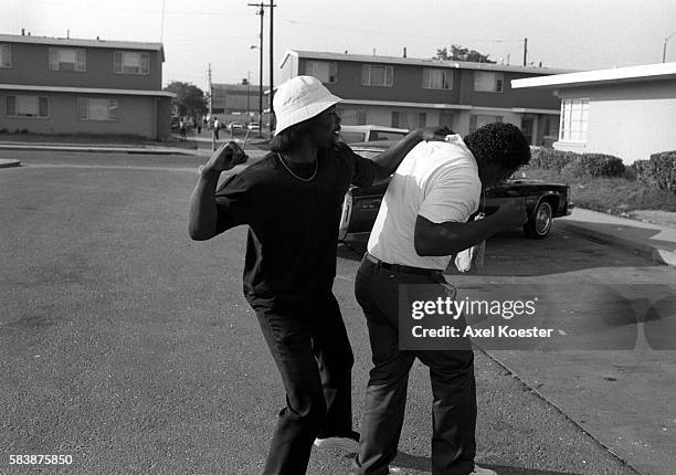 Two OG members of the Grape Street Crips engage in a friendly tussle as they are hang out in their neighborhood. The Grape Street Watts Crips are a...
