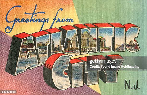 Vintage large letter postcard illustration, ‘Greetings from Atlantic City, N. J.’, showing beach and boardwalk scenes from Atlantic City, New Jersey,...