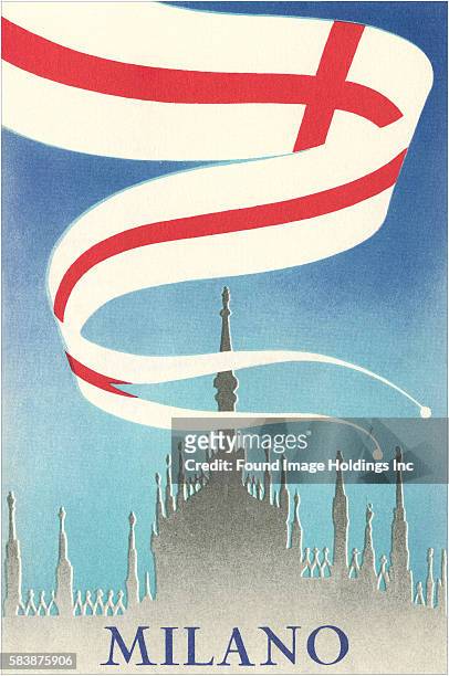 Vintage illustration of a Milan, Italy, travel poster with a flag of the city of Milan flying over the spires of The Duomo, ‘Milano’.