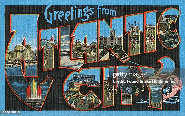 Vintage large letter postcard illustration with a black background, ‘Greetings from Atlantic City’, showing scenes from the boardwalk in Atlantic...