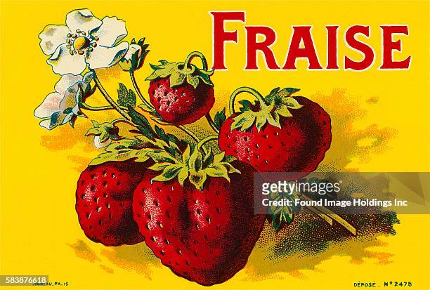 Vintage illustration of ripe strawberries and strawberry flowers on a yellow background ‘Fraise’, 1920s.