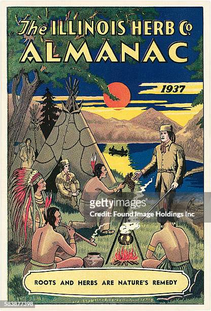 Vintage illustration of a frontiersman with a rifle trading herbs with Native American Indians beside teepees and a lake ‘The Illinois Herb Co....