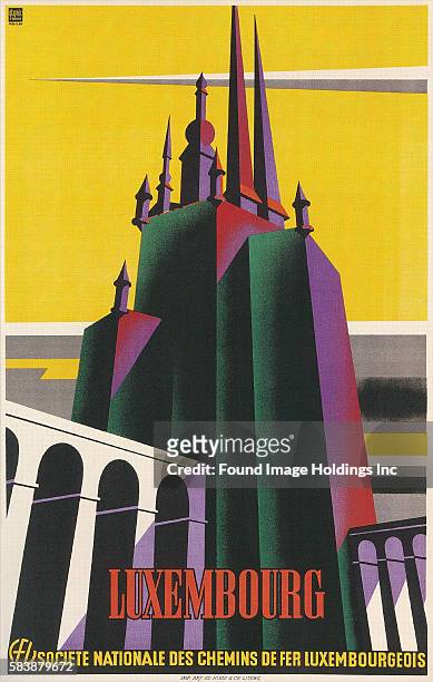 Vintage illustration of a travel poster for Luxembourg, by CFL, Luxembourg National Railway Company, in a futurist design with striking jewel tone...
