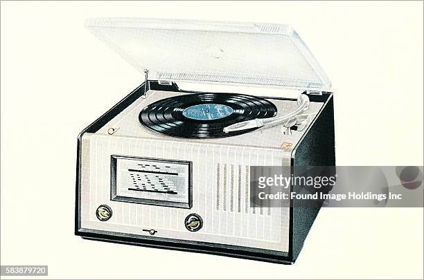 Vintage illustration of a portable record player playing a record, 1950s.