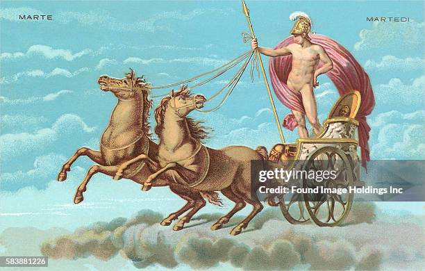 Vintage illustration of the god Mars driving a chariot pulled by two horses on clouds in the sky, ‘Marte, Martedi’.