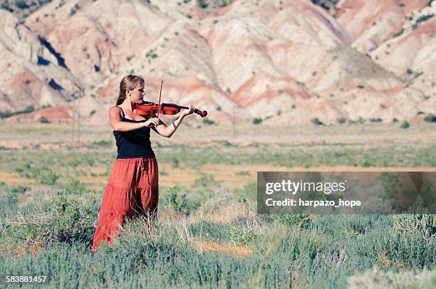 woman playing a violin outdoors - geiger stock-fotos und bilder