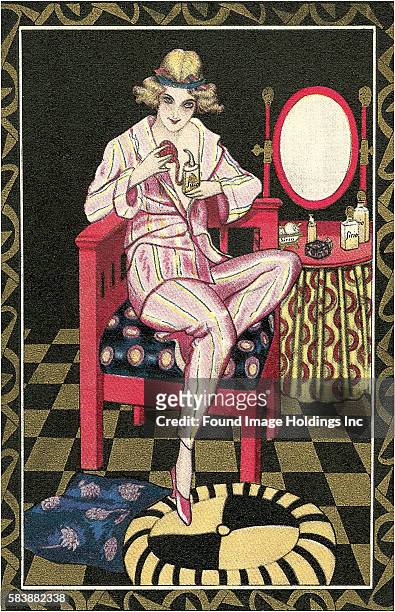 Vintage illustration of a flapper girl wearing a headband and striped pajamas, sitting in a red three-corner chair in front of a dressing table in a...