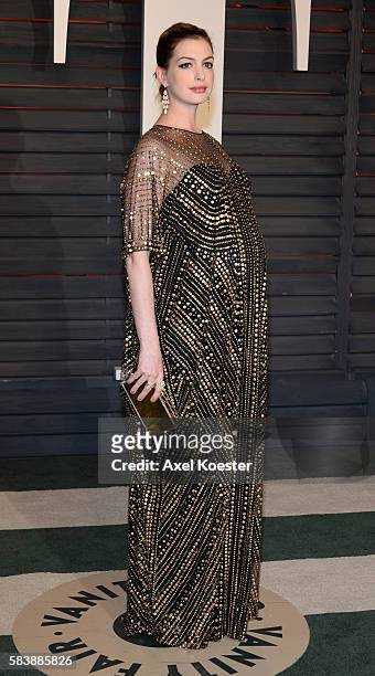 Anne Hathaway and Adam Shulman arrive to the Vanity Fair Party following the 88th Academy Awards at The Wallis Annenberg Center for the Performing...