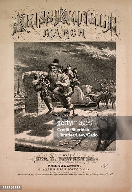 Sheet music cover image of the song 'Kriss Kringle March', with original authorship notes reading 'By Geo E Fawcette', United States, 1867.