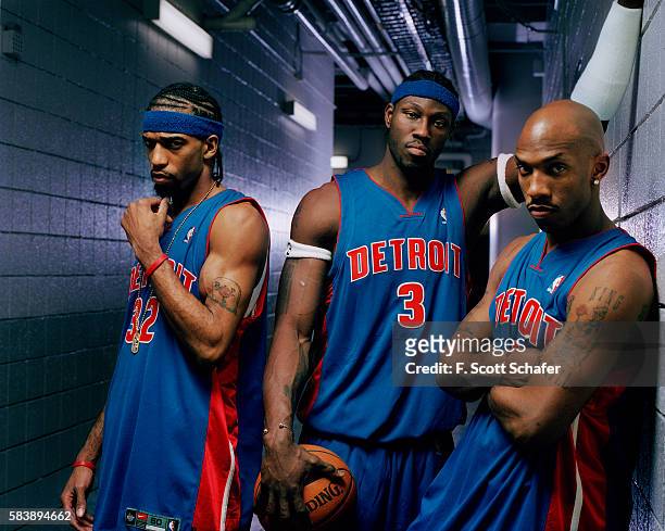 Members of the Detroit Pistons Richard Hamilton, Ben Wallace and Chauncey Billups are photographed for ESPN - The Magazine in 2004.