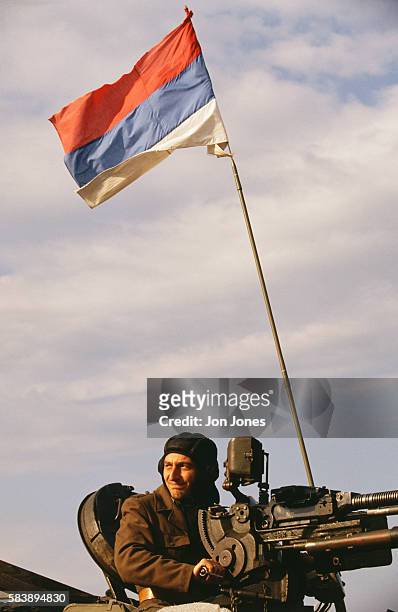 Serbian soldier leaves the Sarajevo airport, which is now under the UN's control.