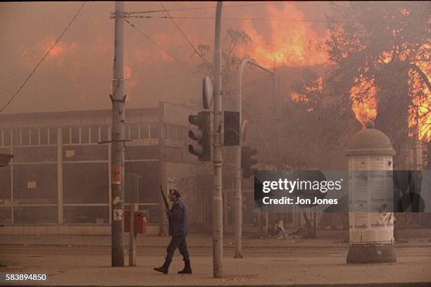 Civil war continuing in Bosnia. Sarajevo burning after shelling.