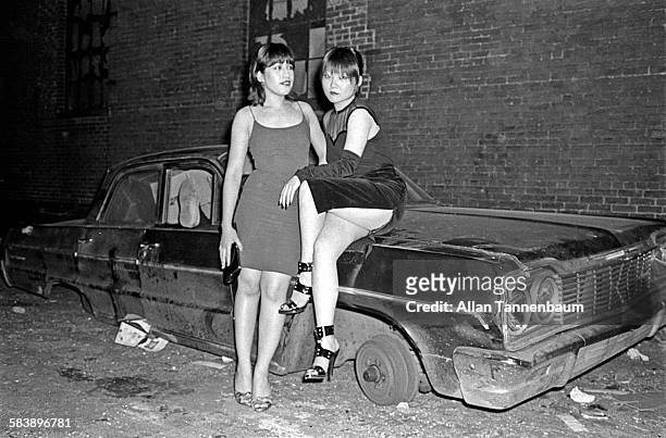Punk scene-makers Anya Phillips and Sylvia Reed in the empty Bowery lot next to CBGB, New York, New York, May 28, 1977.