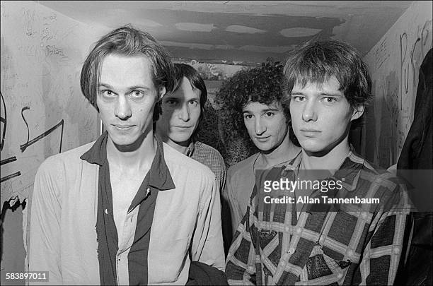 Portrait of American Rock group Television, from left, Tom Verlaine, Richard Lloyd, Billy Ficca, and Fred Smith, as they pose backstage at CBGB, New...