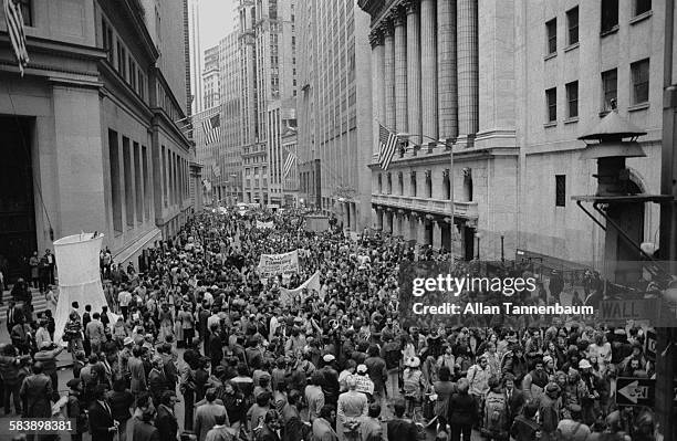 Anti-Nuclear Power protesters demonstrate in front of the New York Stock Exchange at Broad and Wall Streets, New York, New York, October 9, 1979.