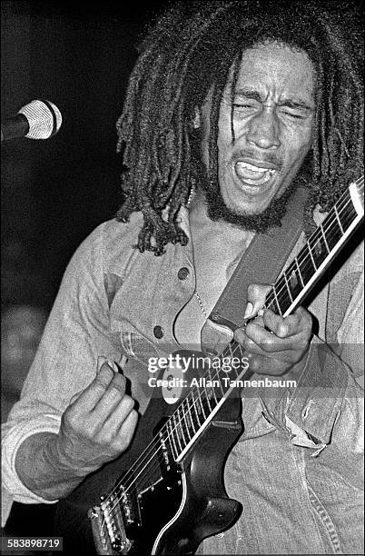 Jamaican Reggae musician Bob Marley in concert at the Beacon Theater, New York, New York, April 30, 1976.