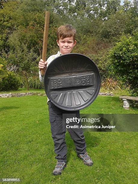 make-believe knight - dustbin lid stock pictures, royalty-free photos & images