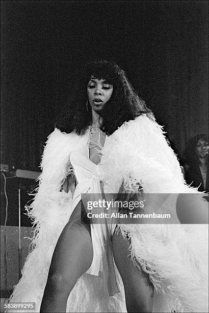 American R&B and disco musician Donna Summer performs at Roseland in white plumage, New York, New York, October 28, 1976.