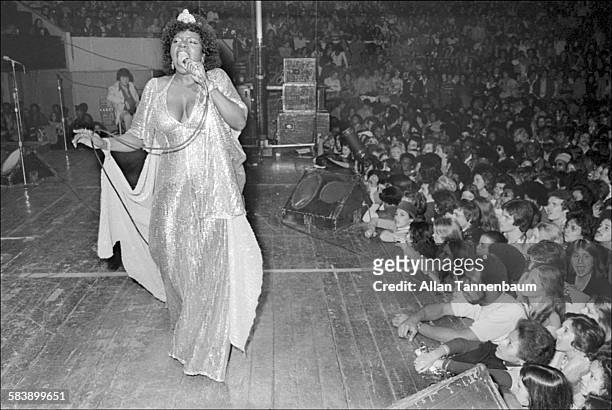 American musician Gloria Gaynor performs at the Disco Convention at Madison Square Garden, New York, New York, November 11, 1975.