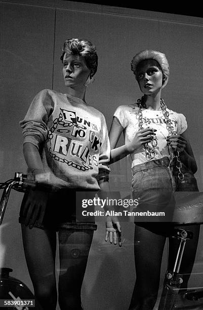 View of a window display of 'punk' fashion t-shirts on sale at Macy's department store in Herald Square, New York, New York, May 27, 1977.