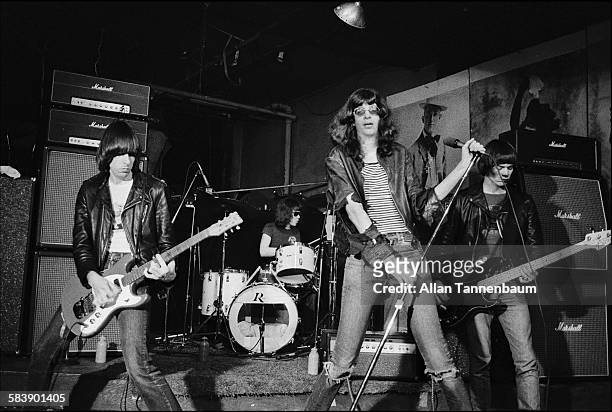 American punk rock group the Ramones, with vocalist Joey Ramone, perform at CBGB, New York, New York, February 4, 1977.