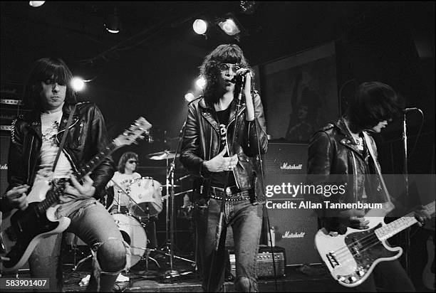 American punk rock group the Ramones, with vocalist Joey Ramone, perform at CBGB, New York, New York, October 30, 1977.