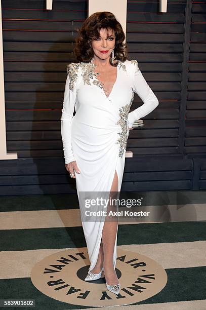 Joan Collins arrives to the Vanity Fair Party following the 88th Academy Awards at The Wallis Annenberg Center for the Performing Arts in Beverly...