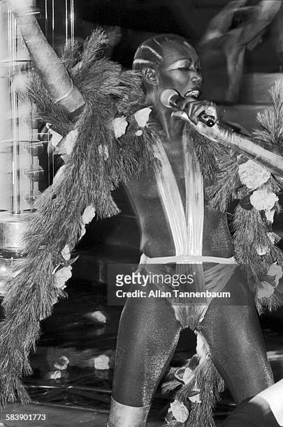 Model and musician Grace Jones performs at Studio 54 New Year's Eve Party, New York, New York, January 1, 1978.