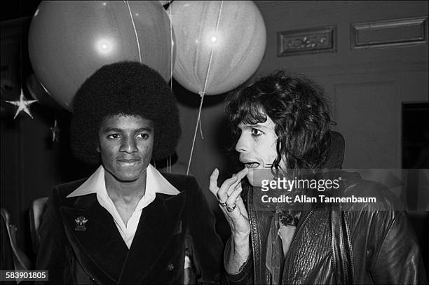 American musicians Michael Jackson, of the Jackson 5, and Steve Tyler, of the group Aerosmith, attend a Beatlemania party at Studio 54, New York, New...