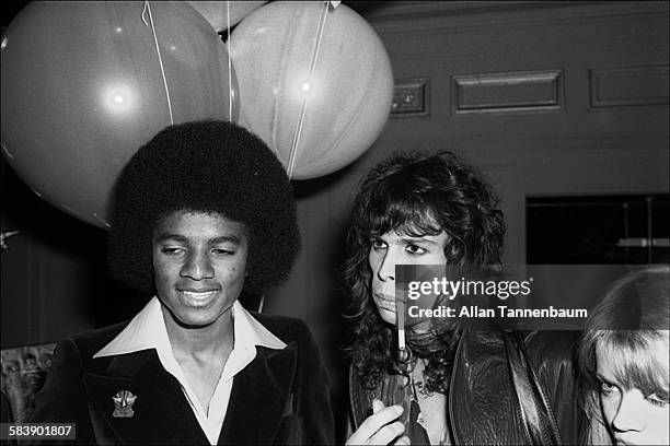 American musicians Michael Jackson, of the Jackson 5, and Steve Tyler, of the group Aerosmith, attend a Beatlemania party at Studio 54, New York, New...
