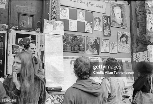 An exhibit of art works related to the 'Son of Sam' on the sidewalk of West Broadway in SoHo, New York, New York, November 14, 1978.