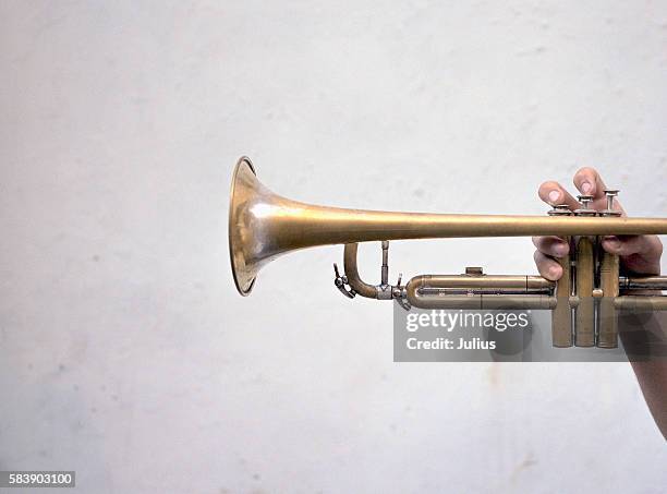 hand holding a trumpet - tromba foto e immagini stock