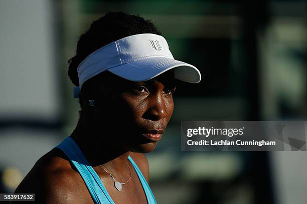 Venus Williams of the United States looks on as she competes against Catherine Bellis of the United States during day five of the Bank of the West...