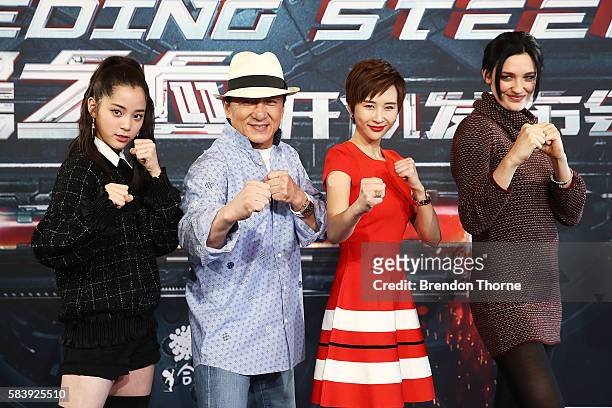 Nana Ouyang, Jackie Chan, Erica Xia-hou and Tess Haubrich during a press conference and photocall for Bleeding Steel at Sydney Opera House on July...