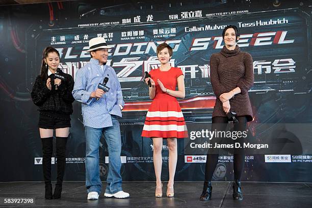 Nana Ouyang, Jackie Chan, Erica Xia-Hou and Tess Haubrich during a press conference and photocall for Bleeding Steel at Sydney Opera House on July...