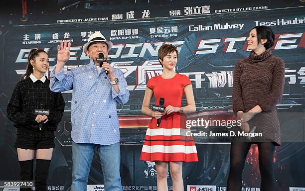 Nana Ouyang, Jackie Chan, Erica Xia-Hou and Tess Haubrich during a press conference and photocall for Bleeding Steel at Sydney Opera House on July...