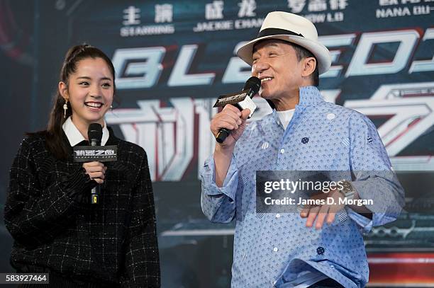 Jackie Chan with co-star Nana Ouyang during a press conference and photocall for Bleeding Steel at Sydney Opera House on July 28, 2016 in Sydney,...