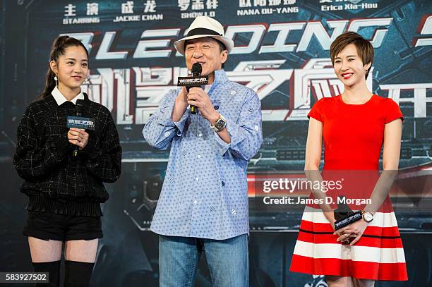 Nana Ouyang, Jackie Chan and Erica Xia-Hou during a press conference and photocall for Bleeding Steel at Sydney Opera House on July 28, 2016 in...