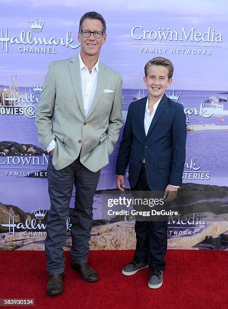 Actor James Denton and son Sheppard Denton arrive at the Hallmark Channel and Hallmark Movies and Mysteries Summer 2016 TCA Press Tour Event on July...