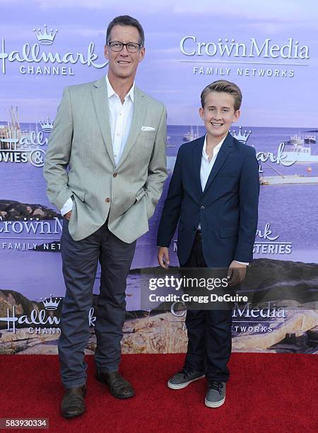 Actor James Denton and son Sheppard Denton arrive at the Hallmark Channel and Hallmark Movies and Mysteries Summer 2016 TCA Press Tour Event on July...