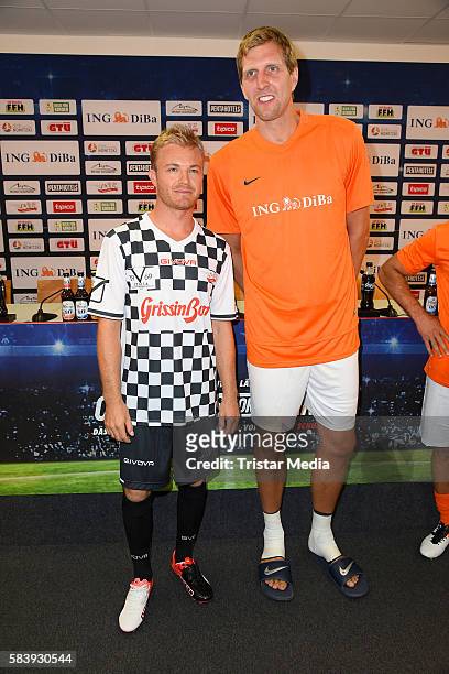 Nico Rosberg and Dirk Nowitzki during the 'Champions for charity' football match between Nowitzki All Stars and Nazionale Piloti in honor of Michael...