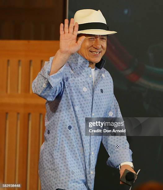 Jackie Chan arrives at a press conference and photocall for Bleeding Steel at Sydney Opera House on July 28, 2016 in Sydney, Australia.