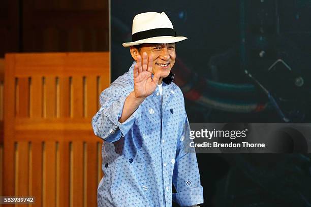 Jackie Chan arrives at a press conference and photocall for Bleeding Steel at Sydney Opera House on July 28, 2016 in Sydney, Australia.