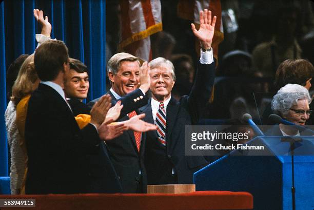 President Jimmy Carter with Vice President and running mate Walter Mondale at the 1980 Democratic National Convention in New York, August 1980.