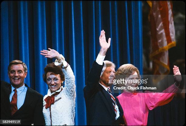 President Jimmy Carter with Rosalynn and Vice President and running mate Walter Mondale and wife Joan at the 1980 Democratic National Convention in...