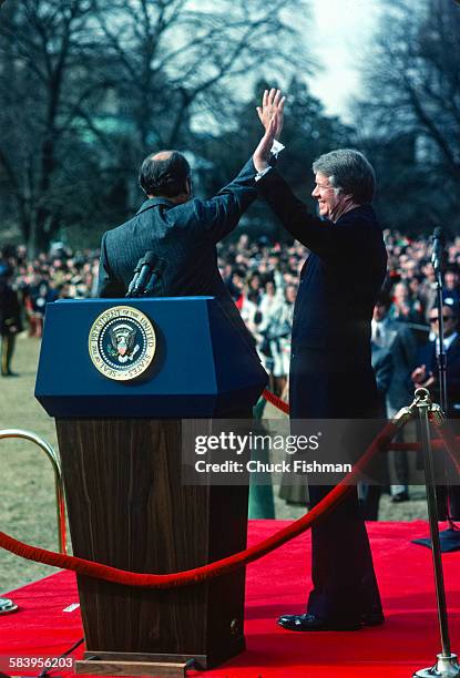 United States President Jimmy Carter, right, with visiting Mexican president Lopez Portillo, at the White House, Washington, DC, February 1977.
