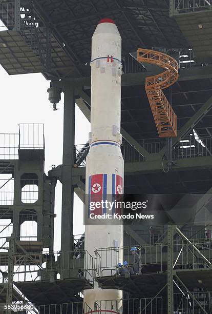 Tongchang-ri, North Korea - Photo taken April 8 shows the Unha-3 rocket at its launch pad at the Sohae Satellite Station in Tongchang-ri, North...