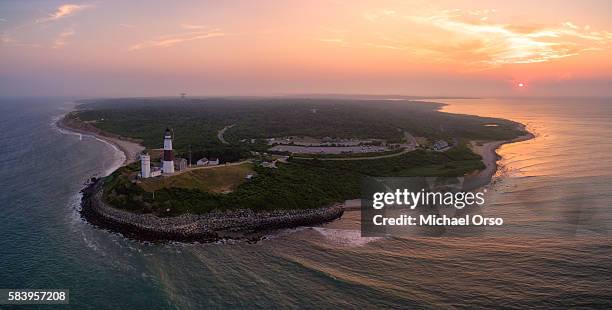 aerial view of montauk point long island new york. - lighthouse sunset stock pictures, royalty-free photos & images
