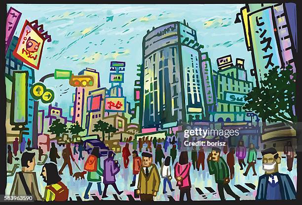 shibuya crossing - tokyo street stock illustrations