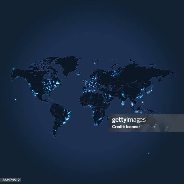 world map light pollution on blue background - light pollution stock illustrations